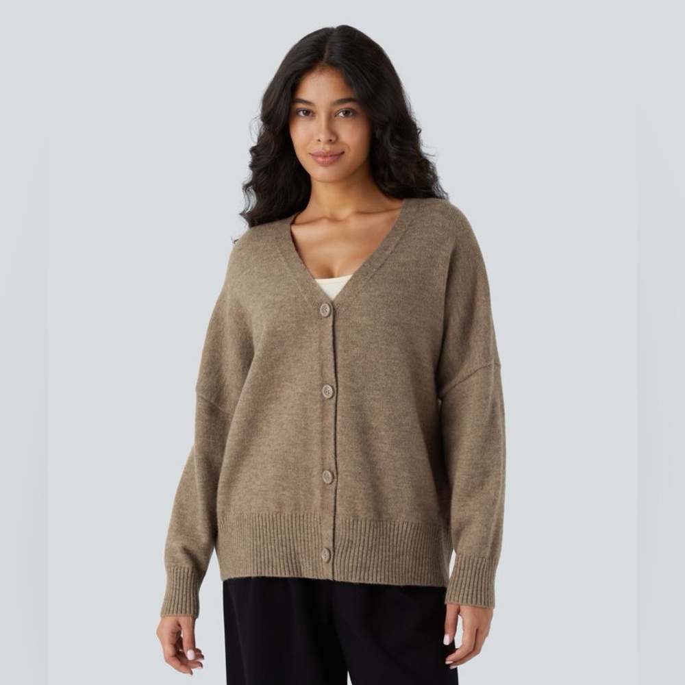 NWT Halara V Neck Dropped Shoulder Long Sleeve Oversize Work Cardigan medium tan